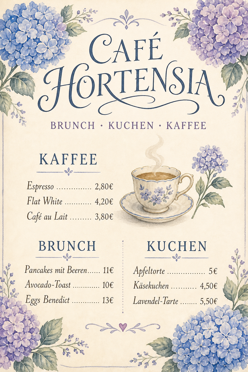 Café Hortensia — Café · Kuchen: Hortensien in Aquarell, Lavendel-Tarte, English Tea-House.