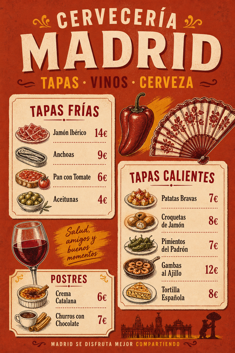 Cervecería Madrid — Spanisch · Tapas: Jamón Ibérico, Patatas Bravas, Gambas — Bodega-Energie.