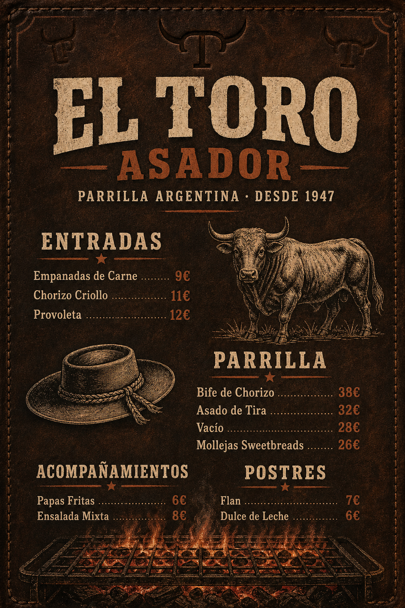 El Toro Asador — Steakhouse · Argentinisch: Bife de Chorizo, Asado de Tira — Lagerfeuer-Romantik.