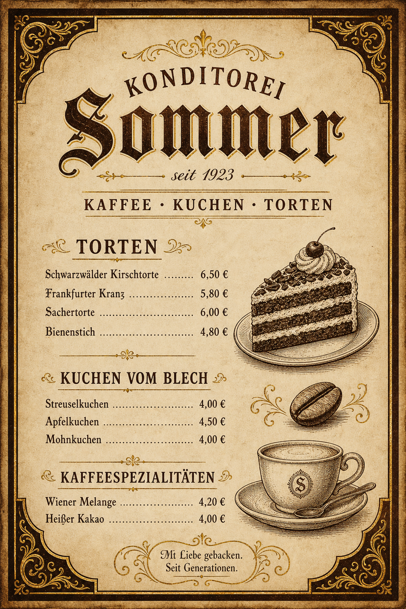 Konditorei Sommer — Konditorei: Sachertorte, Bienenstich, Wiener Melange — 1920er Eleganz.