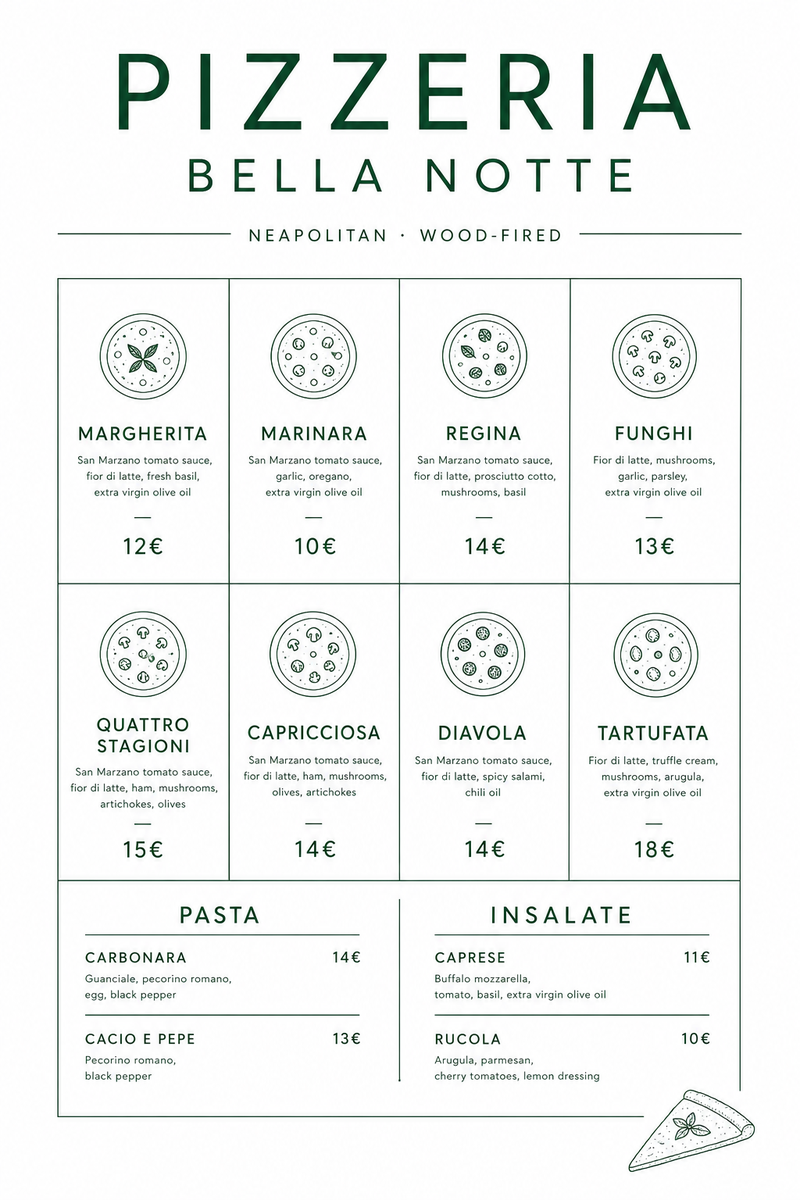 Pizzeria Bella Notte — Pizzeria: 8 Pizzen, viel Weiß, ein einzelner forest-green Akzent.