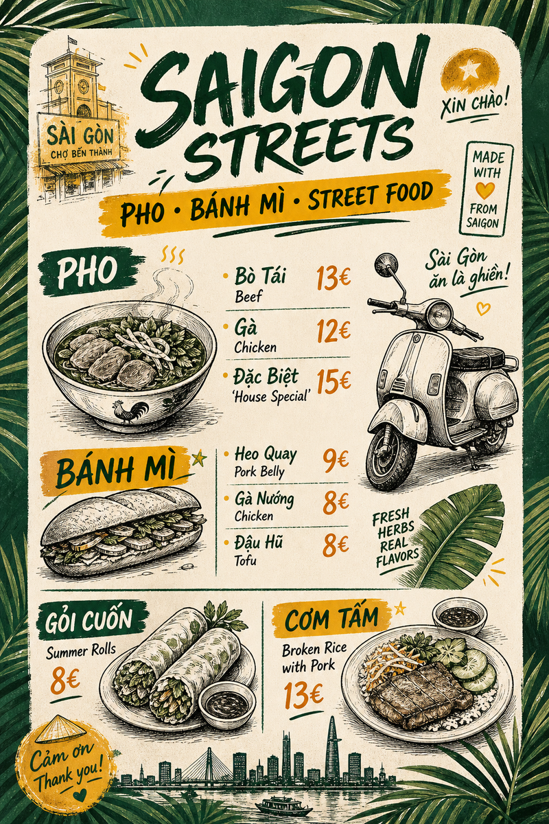 Saigon Streets — Vietnamesisch: Phở, Bánh Mì, Gỏi Cuốn — Vespa-Vibes auf Palmblatt.