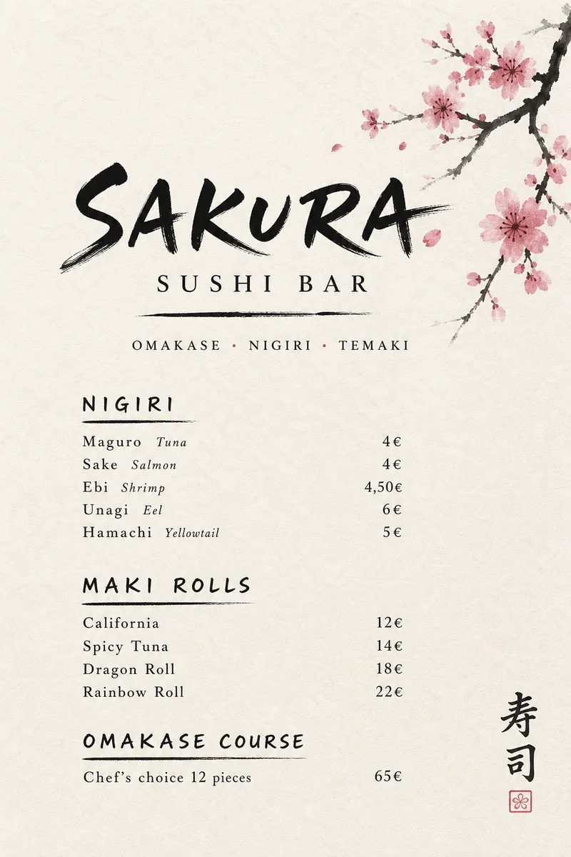 KI-Karte — Sushi-Bar, Tusche-Kalligrafie