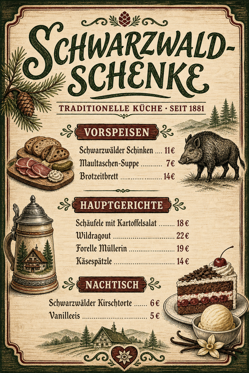 Schwarzwald-Schenke — Deutsche Küche: Schäufele, Wildragout, Käsespätzle — Holz und Tann.