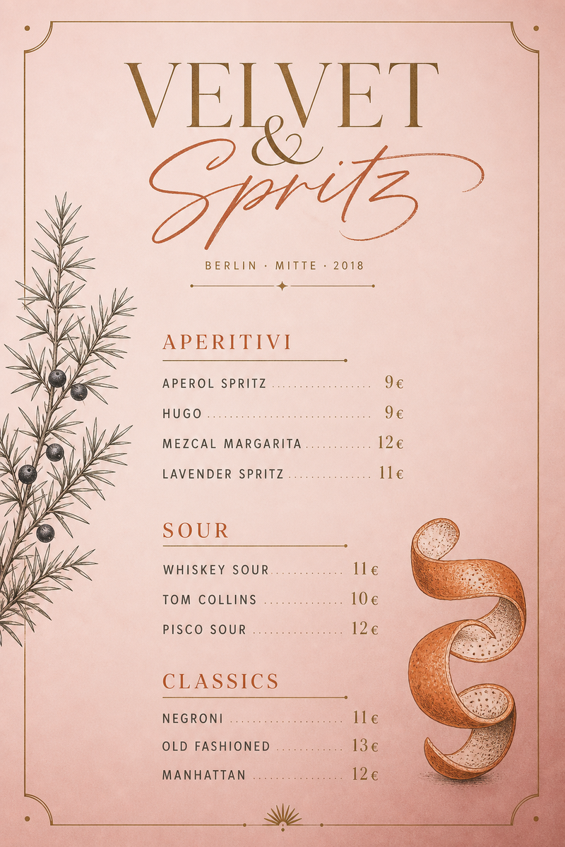 Velvet & Spritz — Cocktailbar: Aperitivi, Sour, Classics — feminine, nicht prätentiös.