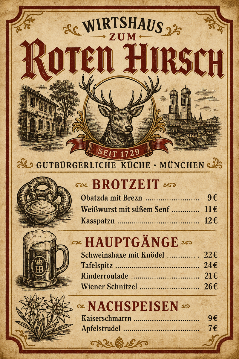 Wirtshaus zum Roten Hirsch — Bayerisch: Schweinshaxe, Tafelspitz, Wiener Schnitzel — Heritage pur.