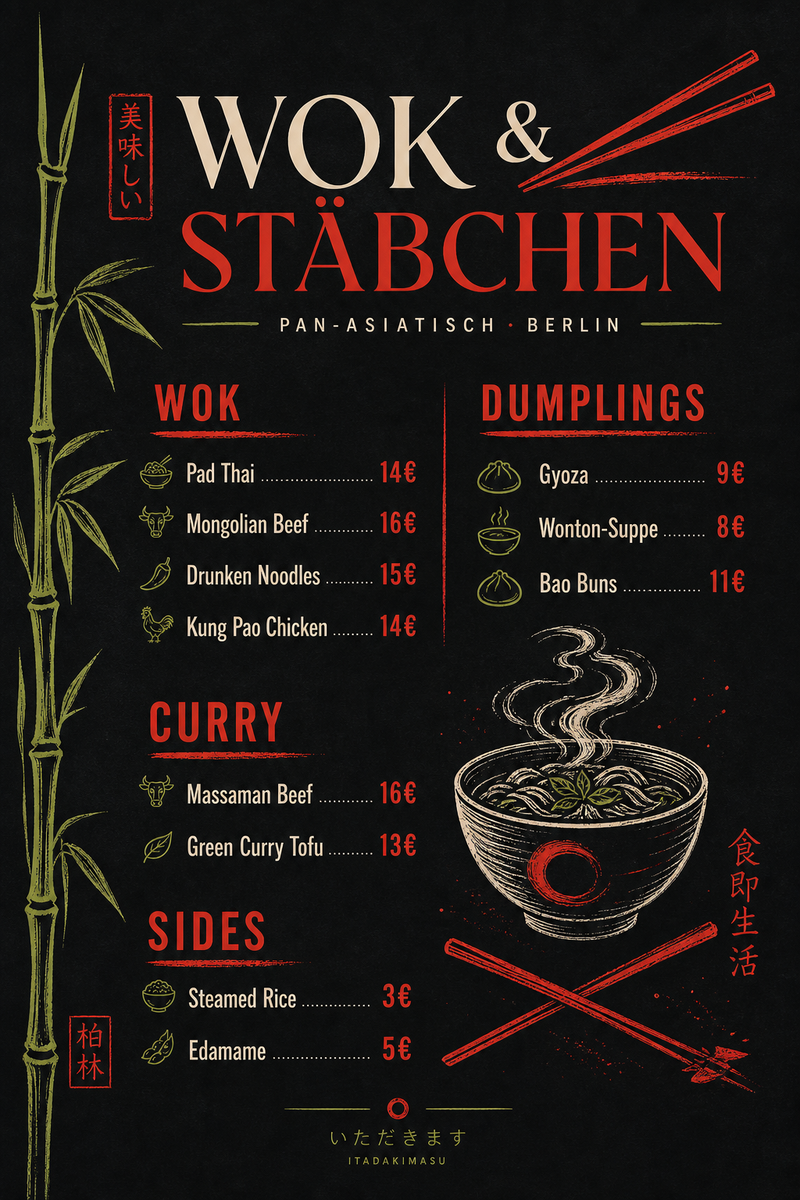 Wok & Stäbchen — Pan-Asiatisch: Pad Thai, Gyoza, Massaman Curry — Großstadt-Wok-Energie.
